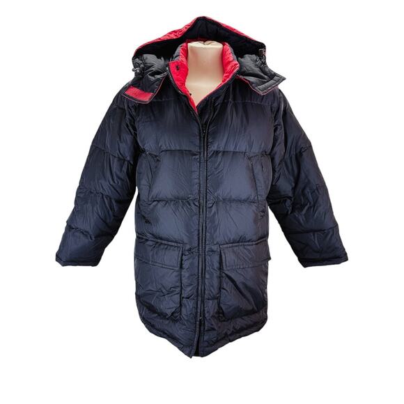 Lands End Down Puffer Jacket Womens S P Red Navy Blue Reversible Removable Hood - Picture 1 of 7